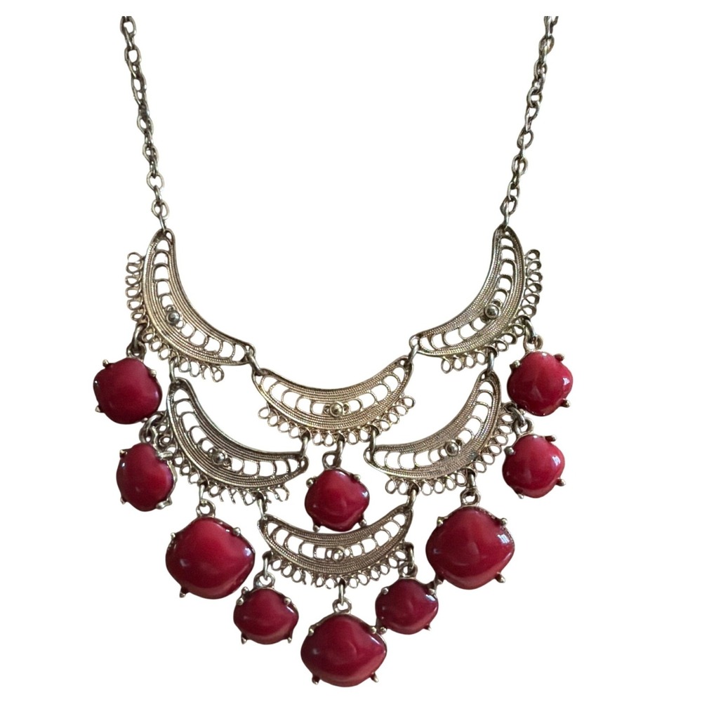 Ellen Tracy Gold Tone Red Resin Cabochon Filigree Tiered Bib Statement Necklace